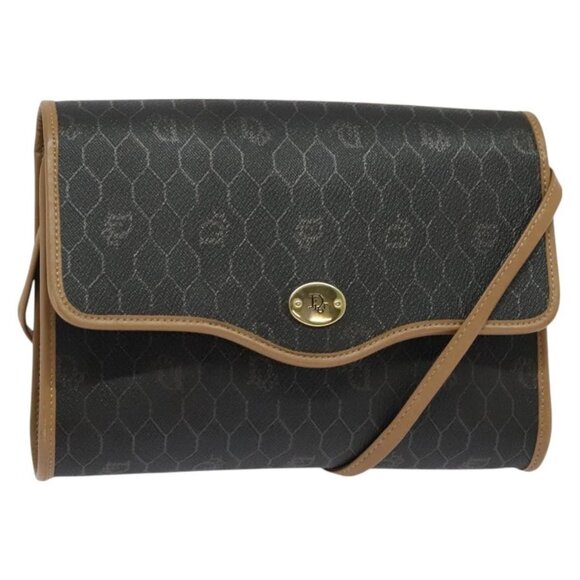 Christian Dior Honeycomb Canvas Shoulder Bag PVC Black Gold Auth BA2589 - Picture 1 of 16